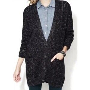 Free People‎ New Romantics Bang Bang Black & Metallic Knit Cardigan Size Medium